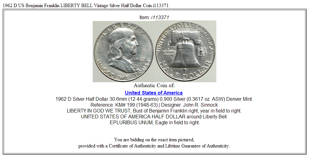 1962 D US Benjamin Franklin LIBERTY BELL Vintage Silver Half