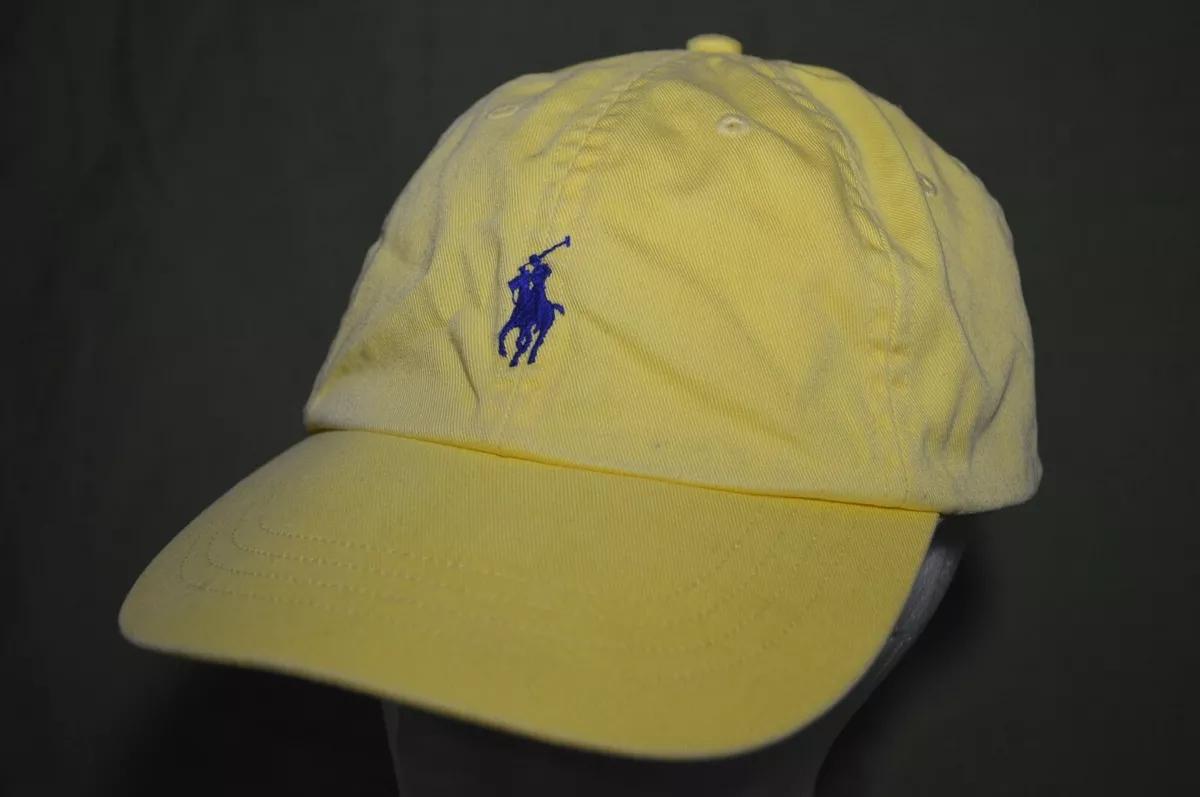 Vtg Polo Ralph Lauren YELLOW Cap Navy Pony Adjustable Leather