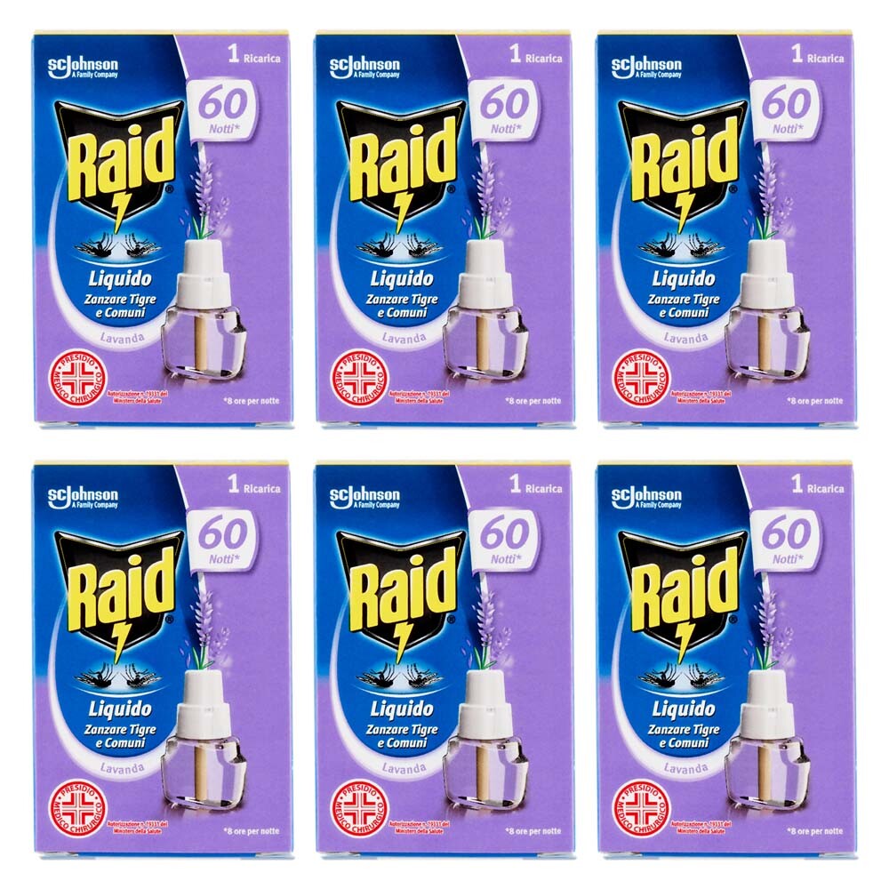 6pz RAID 60 NOTTI liquido ricarica per diffusore protez. anti zanzare LAVANDA