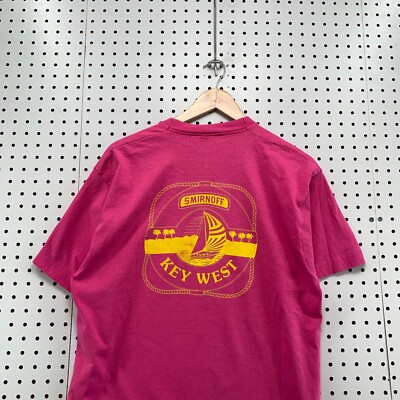 Vintage 90s SMIRNOFF Key West Shirt Mens Large Pink Single Stitch Vodka 20x30