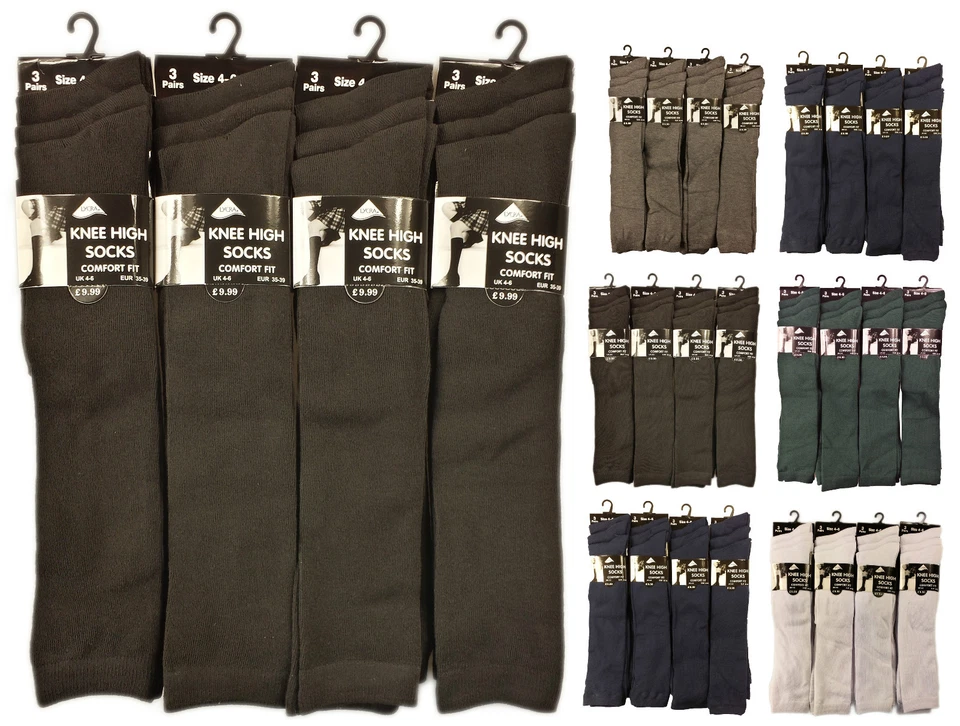 SOCK STACK 3 Pairs Of Ladies Girls Knee High Socks, Long School Socks, Many Sizes & Colours