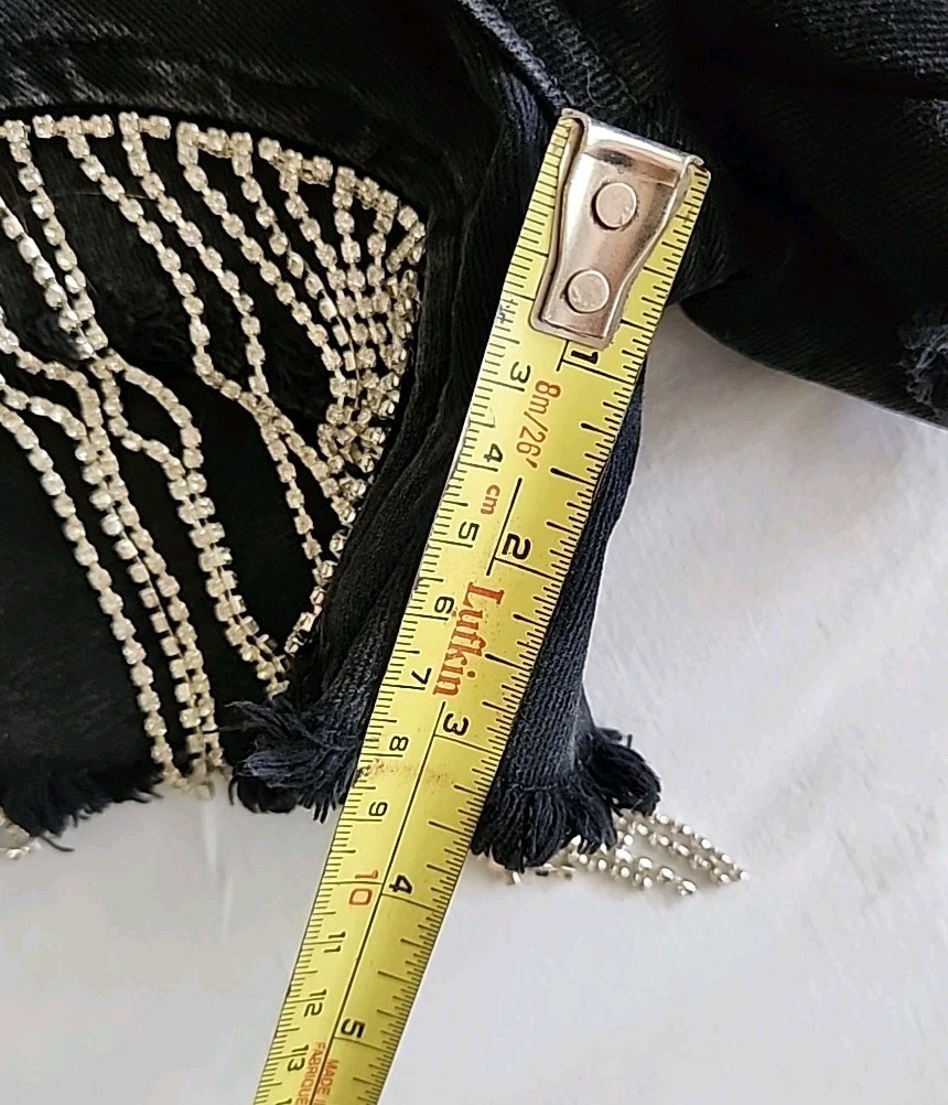 Distressed Black Denim Bombshell Cut-off Shorts w/ Rhinestone Fringe Blue B MED