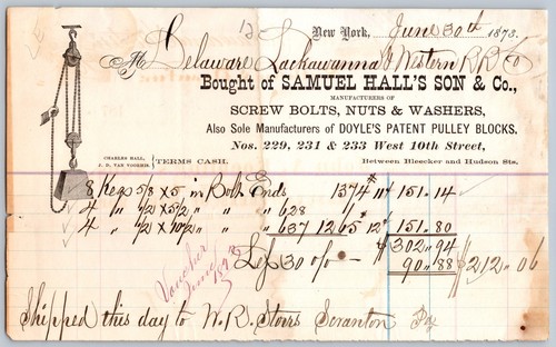 1873 adv. billhead SAMUEL HALLS SON SCREWS BOLTS NUTS WASHERS west 10th NEW YORK