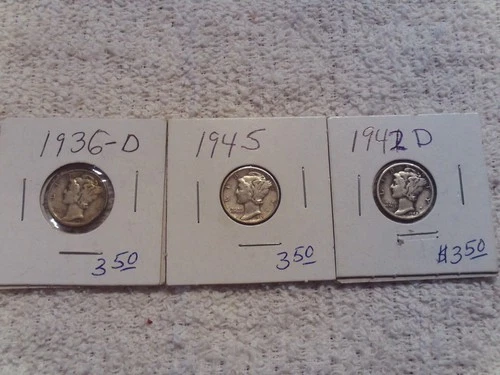 1936D & 1942D ,1945 US Mercury Dimes .90 Silver 3 Coins VG to Fine