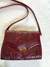 Vintage 1960s Taxco Mexican Hand Tooled Carved Red Leather Bag Purse 9"x7"