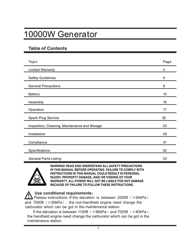 Owners Manual & Parts All-Power 10,000-Watt Portable Generator Model APGG10000 - Image 2 of 4