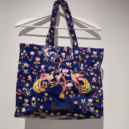 Harrods Knightsbridge London Tote Bag Navy Blue Floral Pheasant Print Vintage