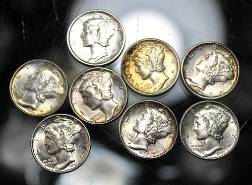 Group of 8 Mixed Date Mercury Head Dimes 1941 - 1945 - AU/BU !!