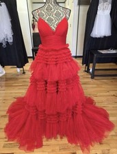 Women’s Red Tulle Long Gown V-Neck Spaghetti Straps Tiered Ruffle, S