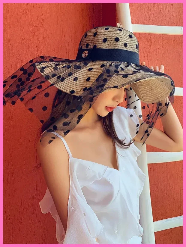 Women's Floppy Straw Hat Wide Brim Polka Dot Lace Sheer Beach Sun Hat Summer