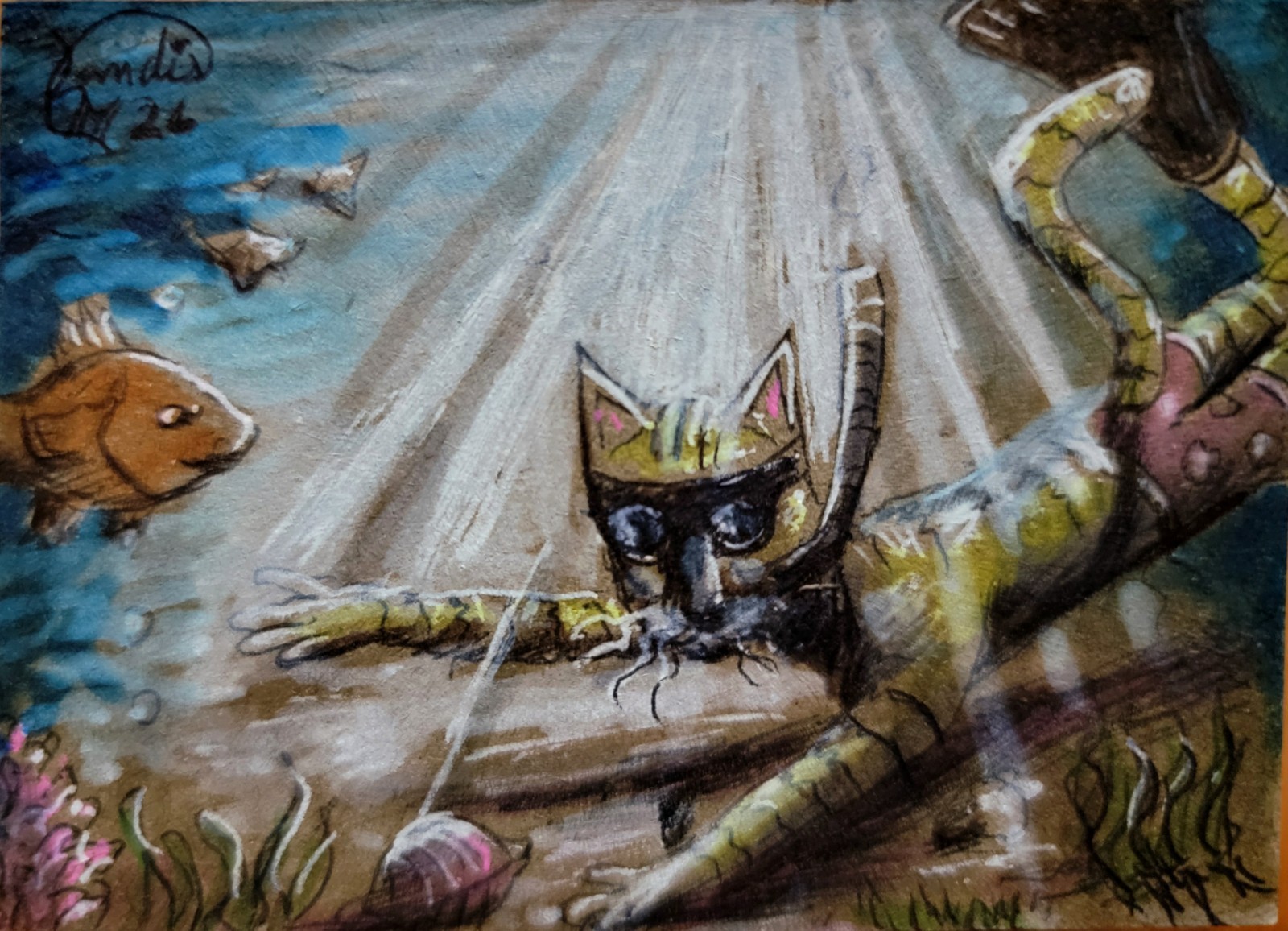 Jacob Landis HANDMADE ORIGINAL art ACEO Tabby Kitten "Swimming With The Fishes"
