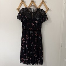 MONSOON Black Pink Flower Floral Lace Midi Dress, Size 10