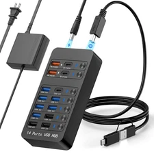 Powered USB Hub, 14 Ports USB Splitter with Individual Power On/Off Switches,...
