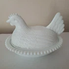 Vtg WHITE Indiana Milk Glass Chicken Hen Nest Covered Dish Trinket Candy Dish