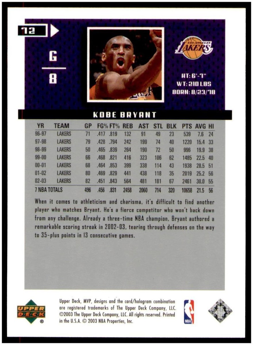 2003-04 Upper Deck MVP #72 Kobe Bryant Silver | eBay
