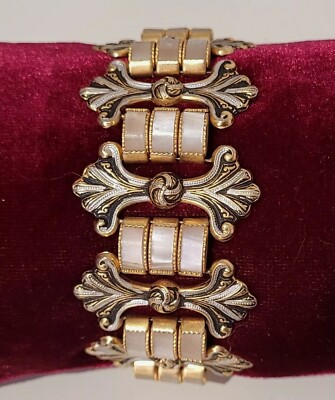 Bracelet Vintage Or De Tolède Et Lucite Effet Nacre - Chaîne De Sécurité, Longueur 21 Cm - Occasion