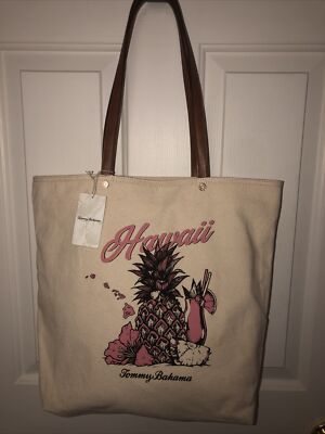 Tommy Bahama canvas tote “Hawaii” Pink/ Lt Beige gold rivets on