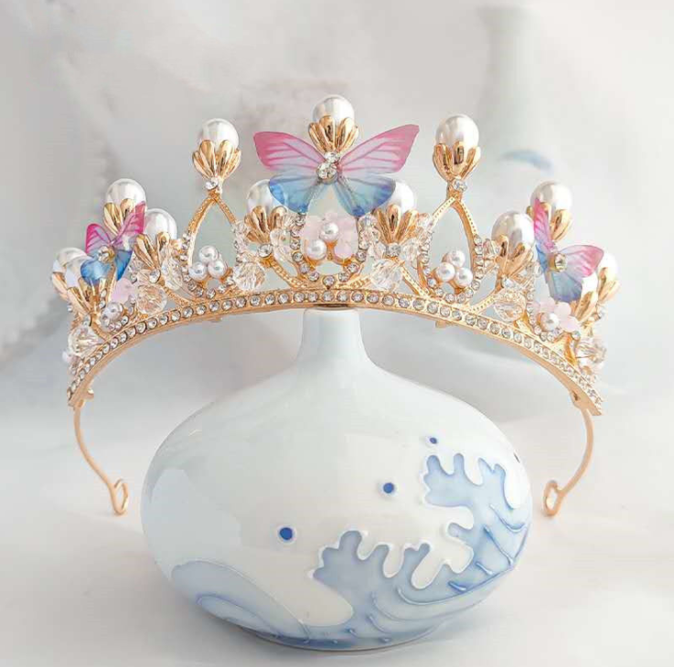 Girls Tiara Butterfly Princess Crown Gold Pearl Headband  display picture 3