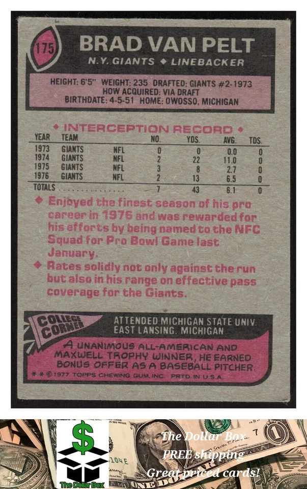1977 Topps #175 Brad Van Pelt - New York Giants - Image 2 of 2