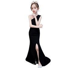 Girl's One Shoulder Sweep Train Side Slit Fitted Black Ball Gown Dress Princess