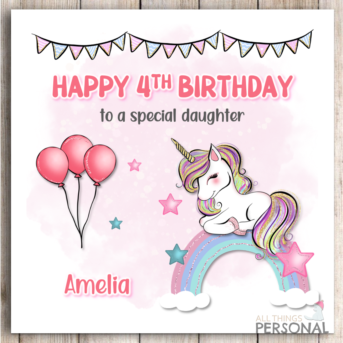 Rainbow Unicorn Birthday Card Daughter Granddaughter Niece Personalised 3rd 4th