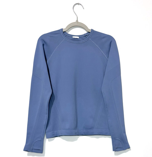 Athleta Girl T-Shirt M 8-10 Blue Long Sleeve Crew Neck Seamless Sweatshirt Logo
