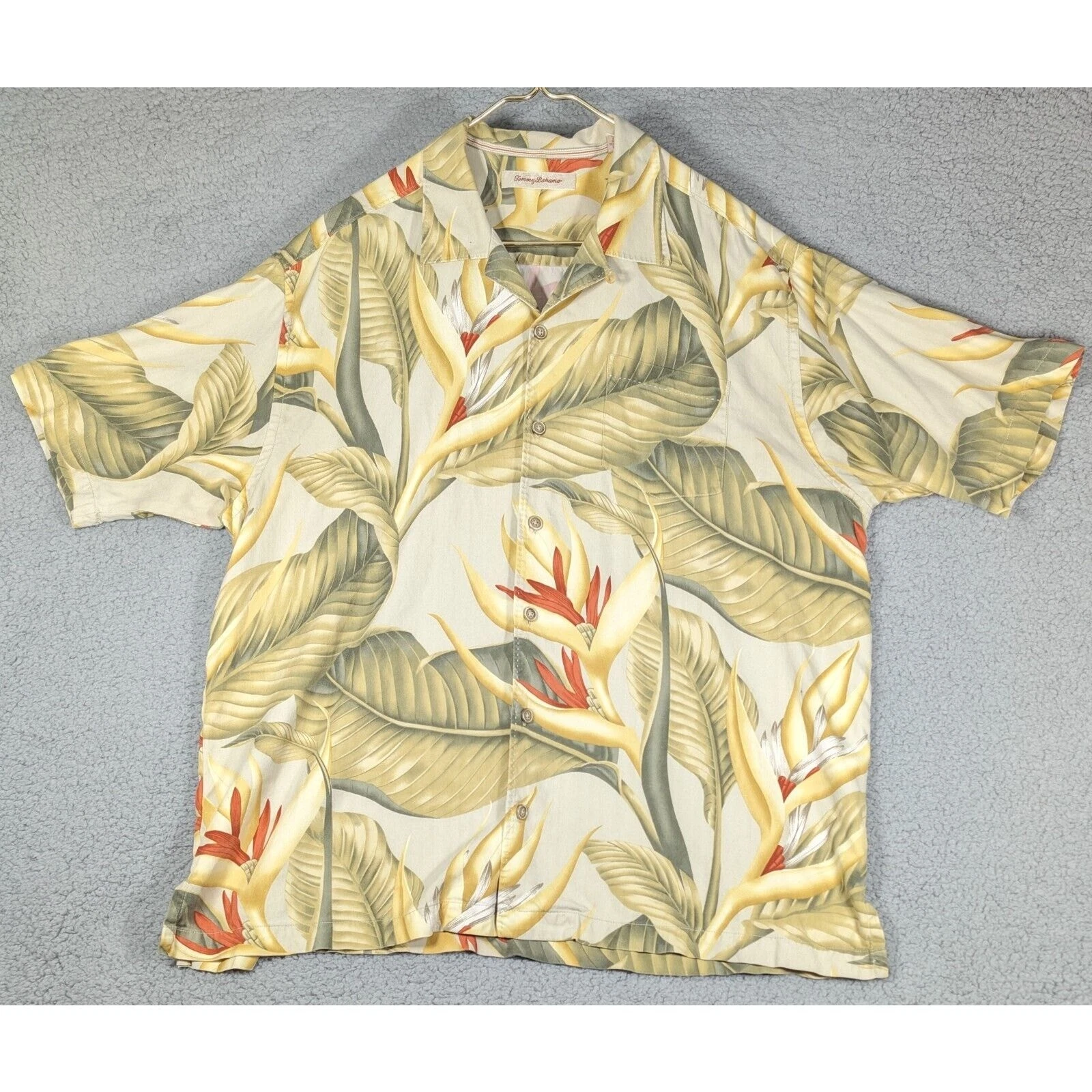 Tommy Bahama Hawaiian Button Up Shirt Mens Extra Large Yellow Flower Silk