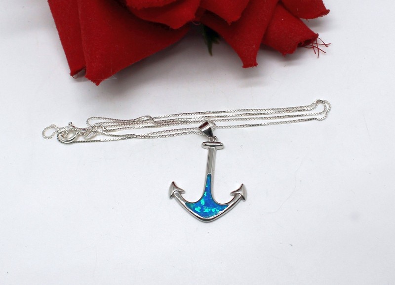 Sterling Silver Imitation Opal Boat Anchor    3.29g 18"  Necklace CAT RESCUE