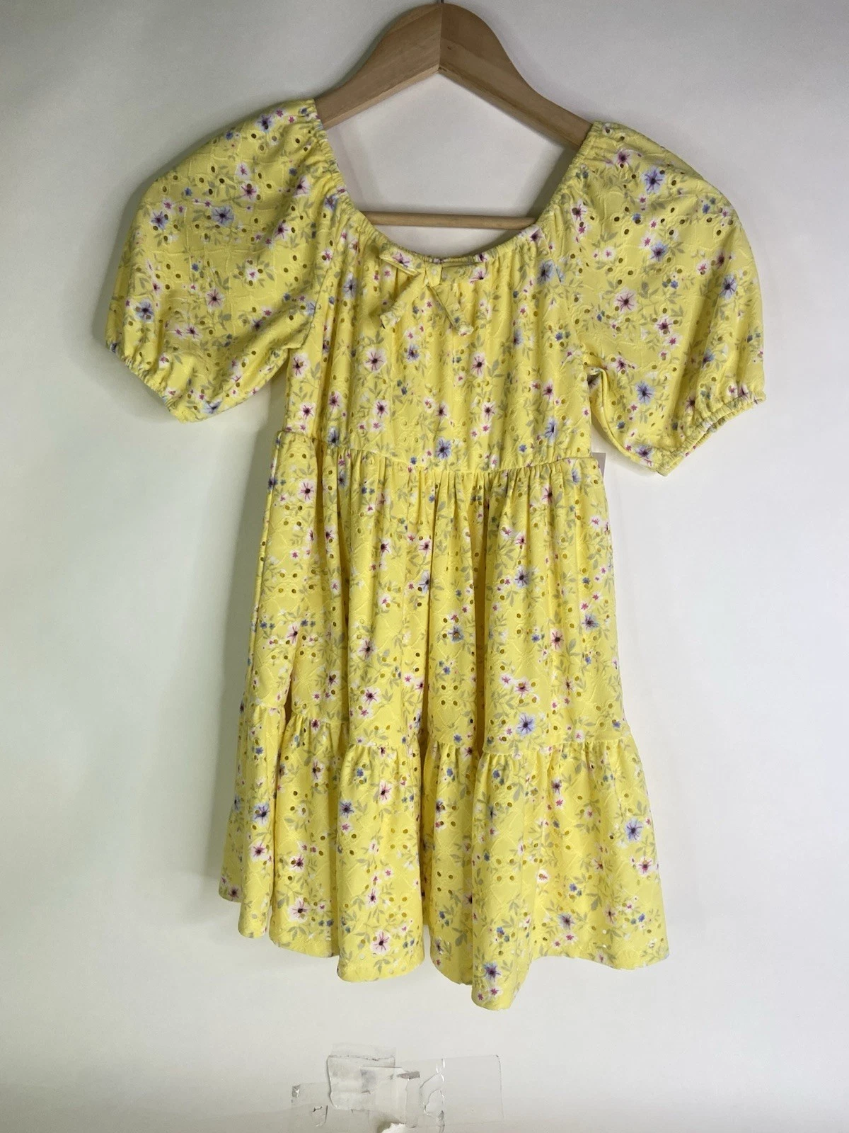 Tahari Girl Eyelet Yellow Floral Fit and Flare Tiered Dress Lined Girls Size 5
