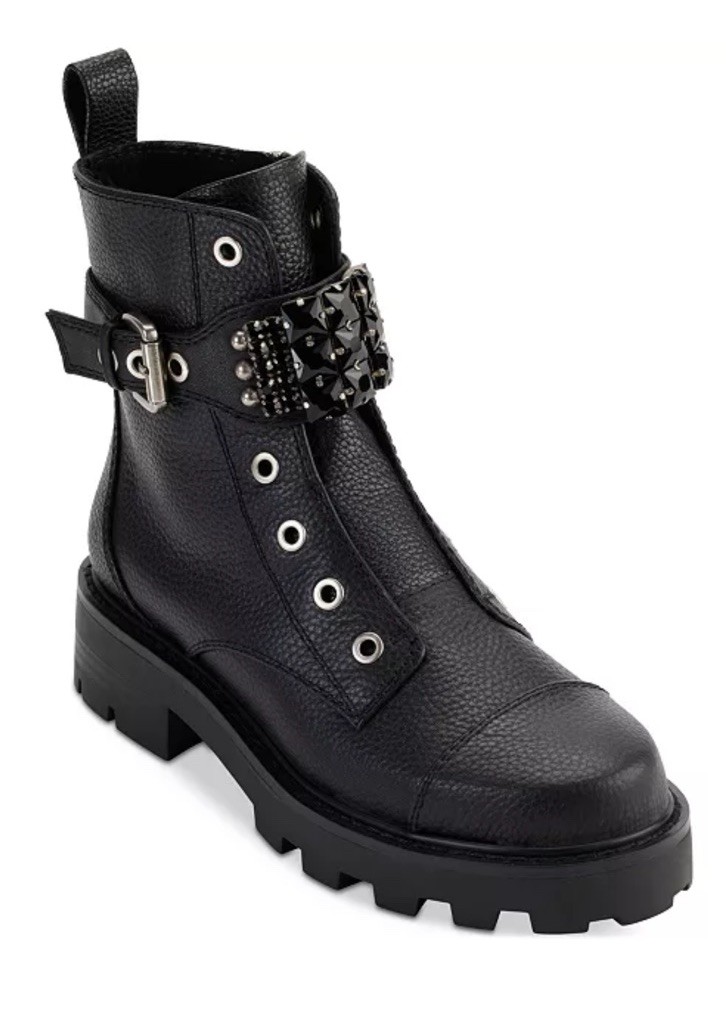 KARL LAGERFELD PARIS  Maeva Embellished Buckled Zip Booties 5  New