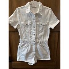 Zara Women  s White Denim Short Sleeve Button Front Romper Shorts Size Medium