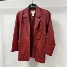 Venezia Womens Red Leather Collared Long Sleeve Button Front Jacket Size 14W