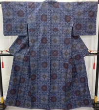 Japanese Vintage Kimono Silk Navy Tumugi Traditional Authentic Length 62 in