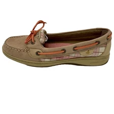 Sperry Top Sider Leather Boat Shoe Pink Plaid Women 7.5 Angelfish Slip On Sequin