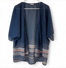 Dizzy Gal Navy Sheer Open Front Kimono Cardigan L Boho Print Womens Lightweight