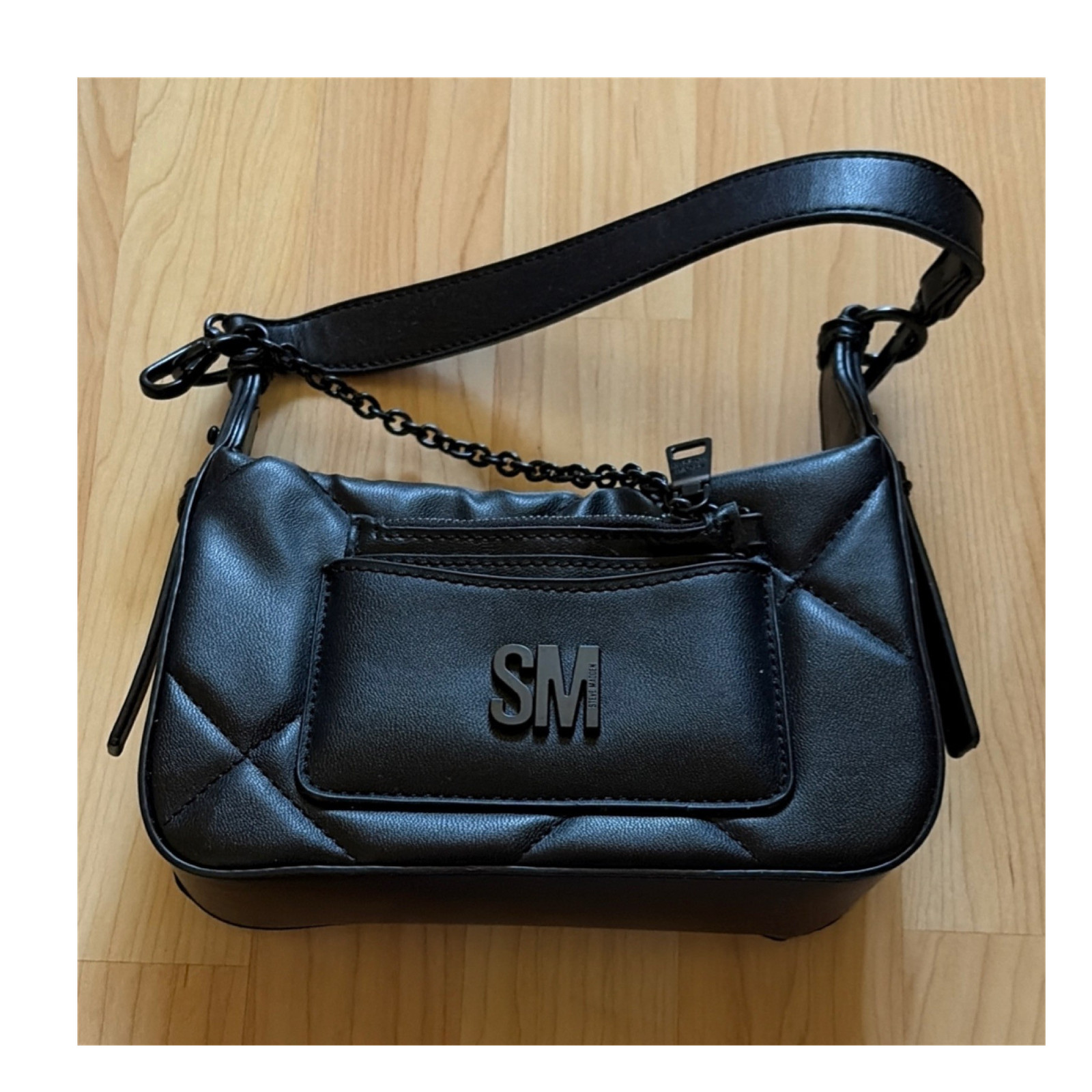 Steve Madden Black Quilted Shoulder Bag Zip Detachable Adjustable Strap Small