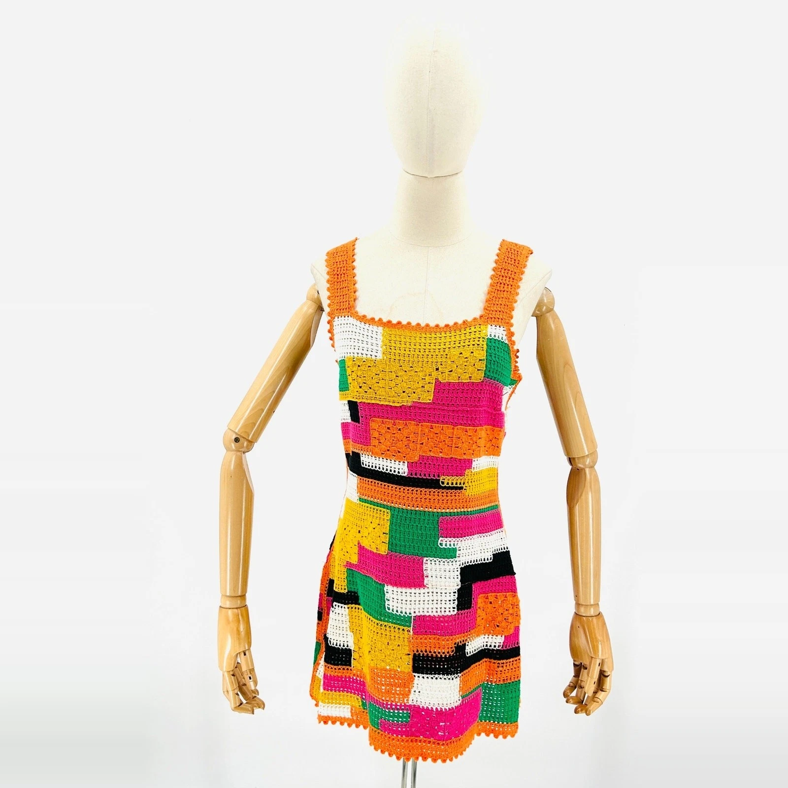 Y2K Crochet Multicolor Patchwork Festival Mini Dress