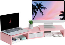 Pink Dual Monitor Stand Riser with Drawer - Length and Angle Adjustable Double C