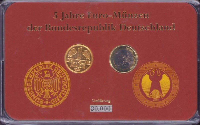 German Euro coin Set 5th Anniversary of the Euro 1 Mark and 1 Euro