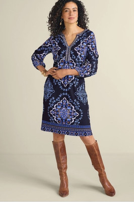 Soft Surroundings Women`s $119 Kauri Beaded Trim Printed Dress size Petite L