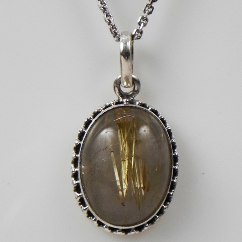 Collier En Argent 925 Quartz Rutilé Naturel - Fait Main - 17,75 Pouces - #A86036