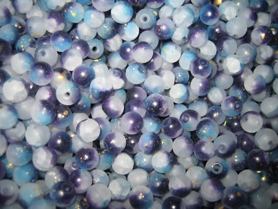 GLASPERLEN MIX Crackle  Crash Perlen  8 mm  70 Stück  blau/lila/weiss/silber