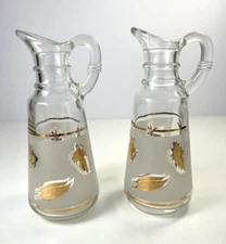 Vintage Libbey Frosted Gold Leaf Oil And Vinegar Cruets