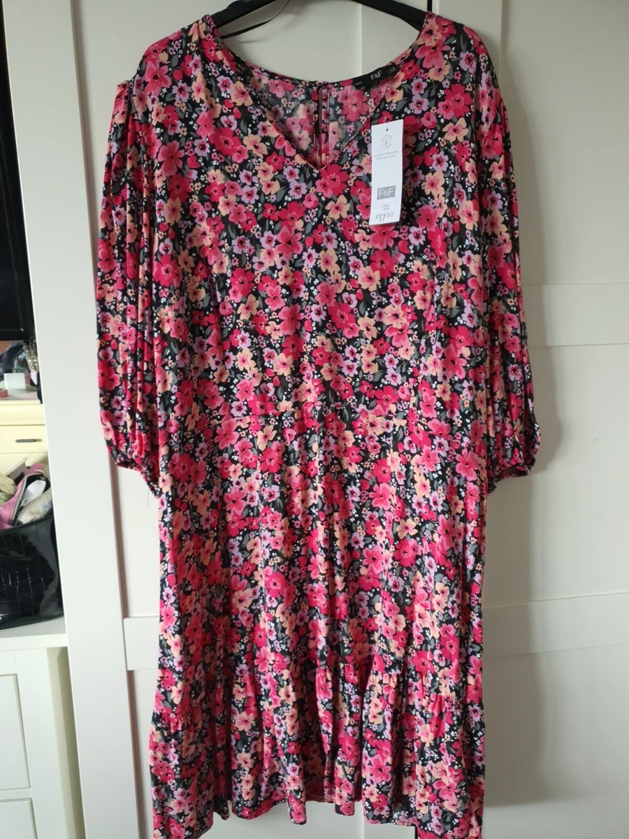 Tesco Fu0026amp;F Floral Tiered Smock Ditsy Summer Tea Dress Black Pink Viscose  Size 22 | eBay