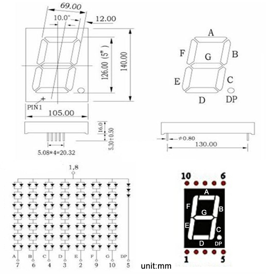 ProTechTrader 7 segment led display (4pcs) - common anode digital display tube - 0.5-in x 0.75-in (1/2 inch x 0.75 inch) - red single