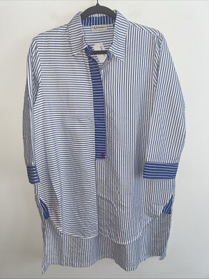 NWT Neiman Marcus Shirt White Blue Stripe 3/4 Sleeve Women s Large Lagenlook