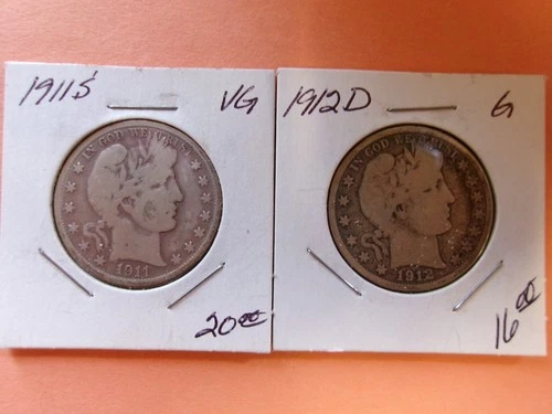 1 Pair of 90% Silver Barber half Dollars (1911S, 1912D)