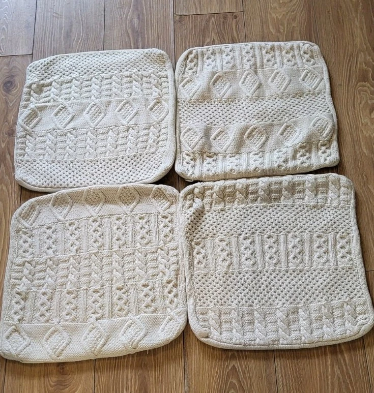 X4 VINTAGE HAND KNITTED ARAN WOOL CABLE CUSHION COVERS 17" X 16.5" SQUARE - Image 2 of 4