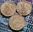 1921 Morgan Silver Dollar and Two 1922-S Peace Silver Dollars, Shiny, Beautiful!