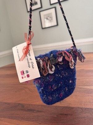 Handmade FELTED WOOL Shoulder Bag Purse Women's w/ Yarn Fringe Knit Blue NWT